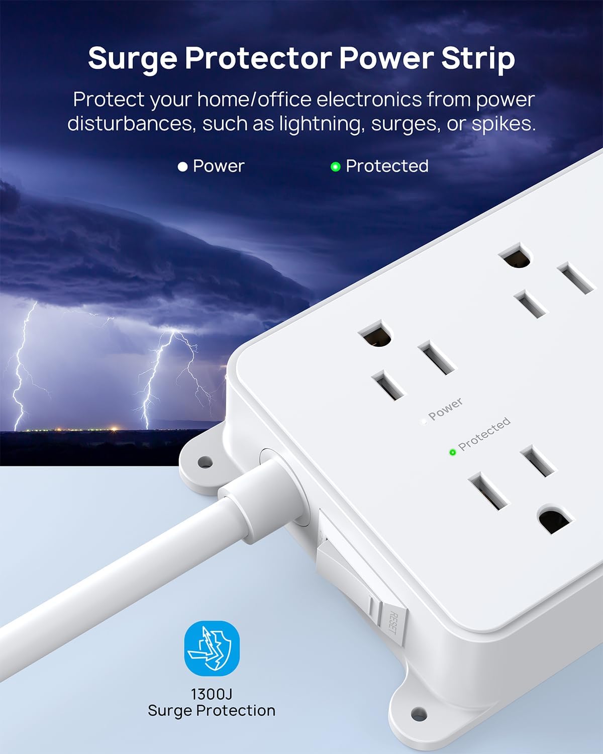 TROND Surge Protector Power Strip 15ft Extension Cord, ETL Listed, 5 Widely Spaced AC Outlets, 2 USB A and 1 USB C, 1300J, Flat Plug Power Strip, Wall Mountable, for Home Office, White