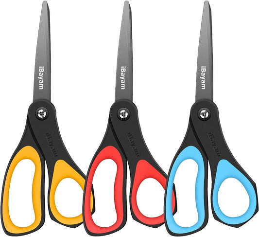 Scissors, iBayam 3 Pack 8" All Purpose Nonstick Scissors, 2.5MM Thickness Titanium Blades with Comfort Grip, Heavy Duty Shears for Office School Home Classroom General Use Art and Craft DIY Supplies
