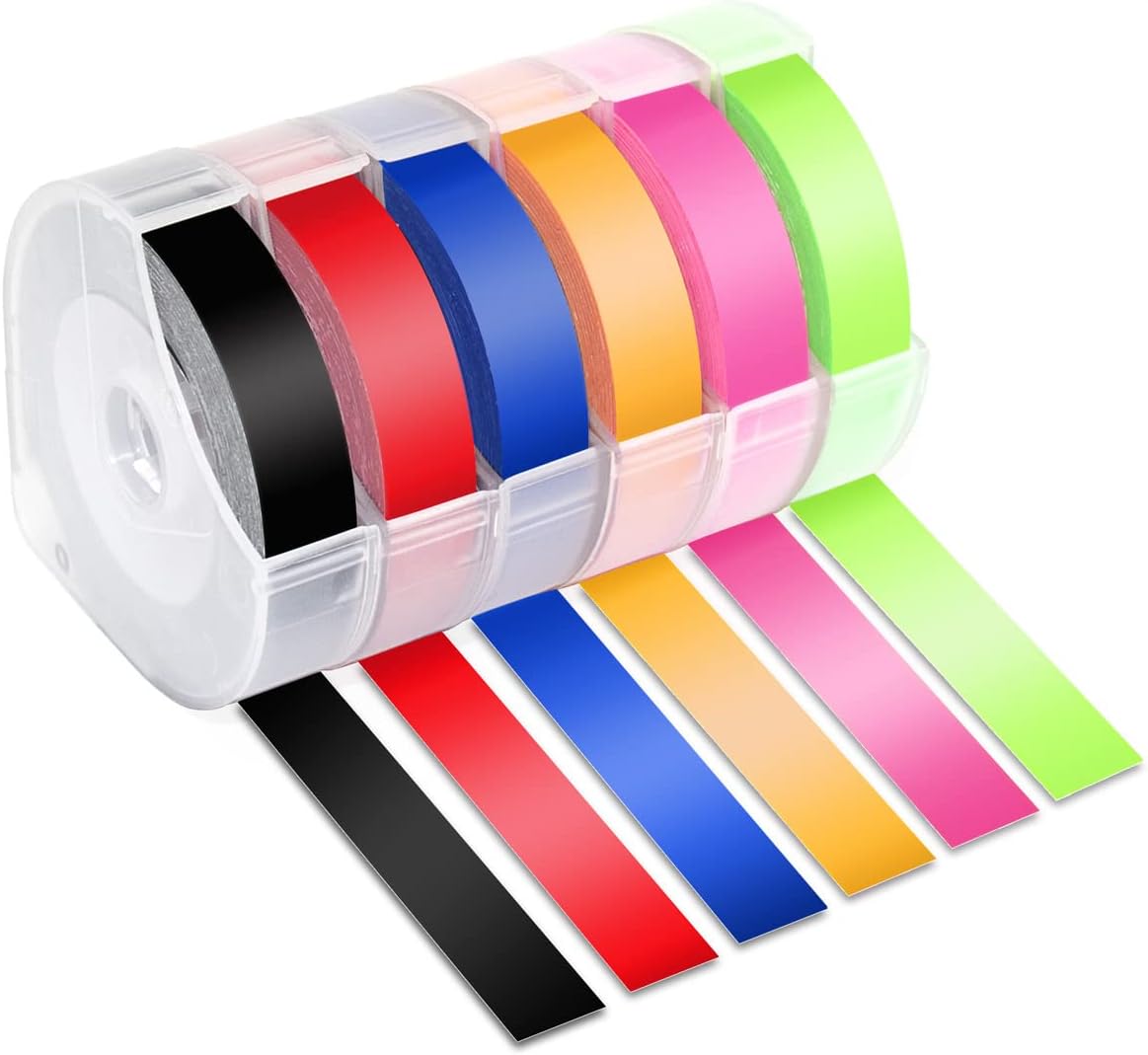 UNOKA Embossing Tape Neon Compatible for DYMO Organizer Xpress Label Maker Refills, 3/8 3D Plastic Colored, Neon Pink/Orange/Green/Red/Blue/Black for Dynamo S0717930 Omega Junior Embosser, 6 Pack