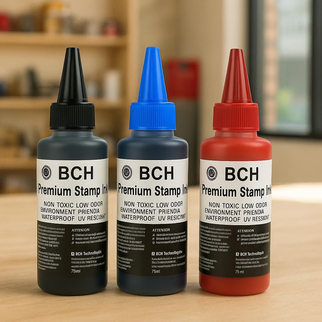 BCH Premium Stamp Ink Refill – Black, Blue & Red Ink Colors – Long-Lasting, Quick-Drying, Waterproof Ink Refill for Rubber & Self-Inking Stamps – 75 ml Each Bottle (225 ml Total)