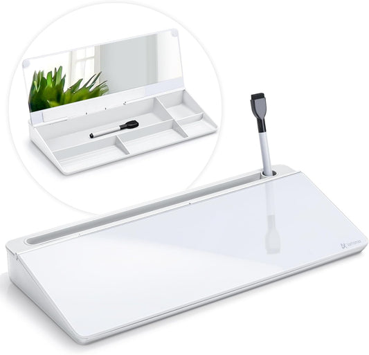 Varhomax Glass Desk Whiteboard with Built-in Mirror, Desktop Organizer Dry Erase White Board with Storage, to Do List Memo Notepad for Home Office and School Supplies