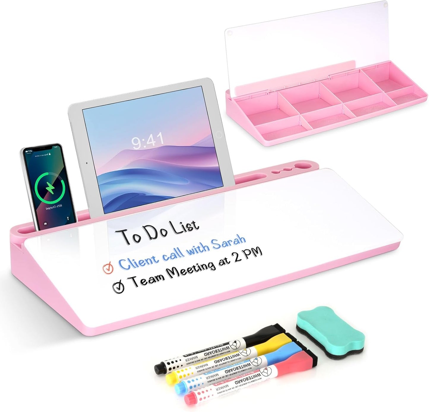 Desktop Glass Whiteboard with Storage, Pink Desk Dry Erase White Board with Computer Keyboard Stand, Desk Organizers and Accessories with Removable Cubicles for Office, Home, College, School