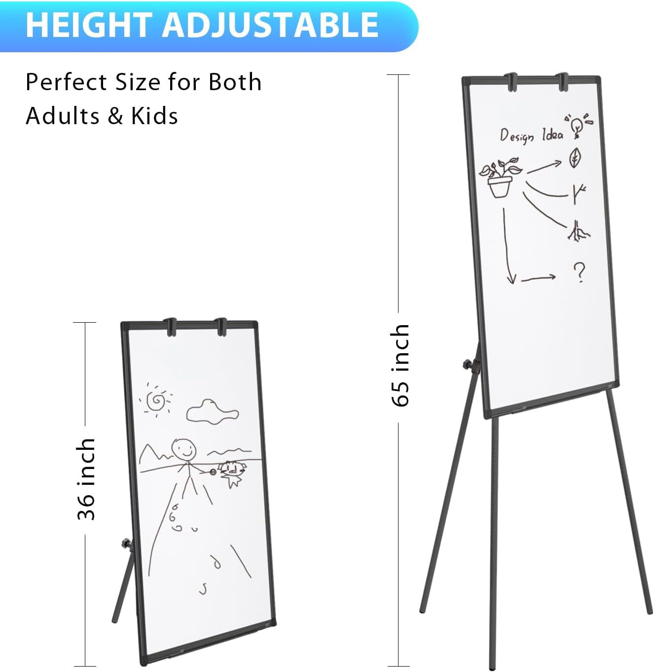 Easel Whiteboard - Magnetic Portable Dry Erase Easel Board 36 x 24 Tripod Whiteboard Height Adjustable Flipchart Easel Stand White Board for Office or Teaching at Home & Classroom (Black)