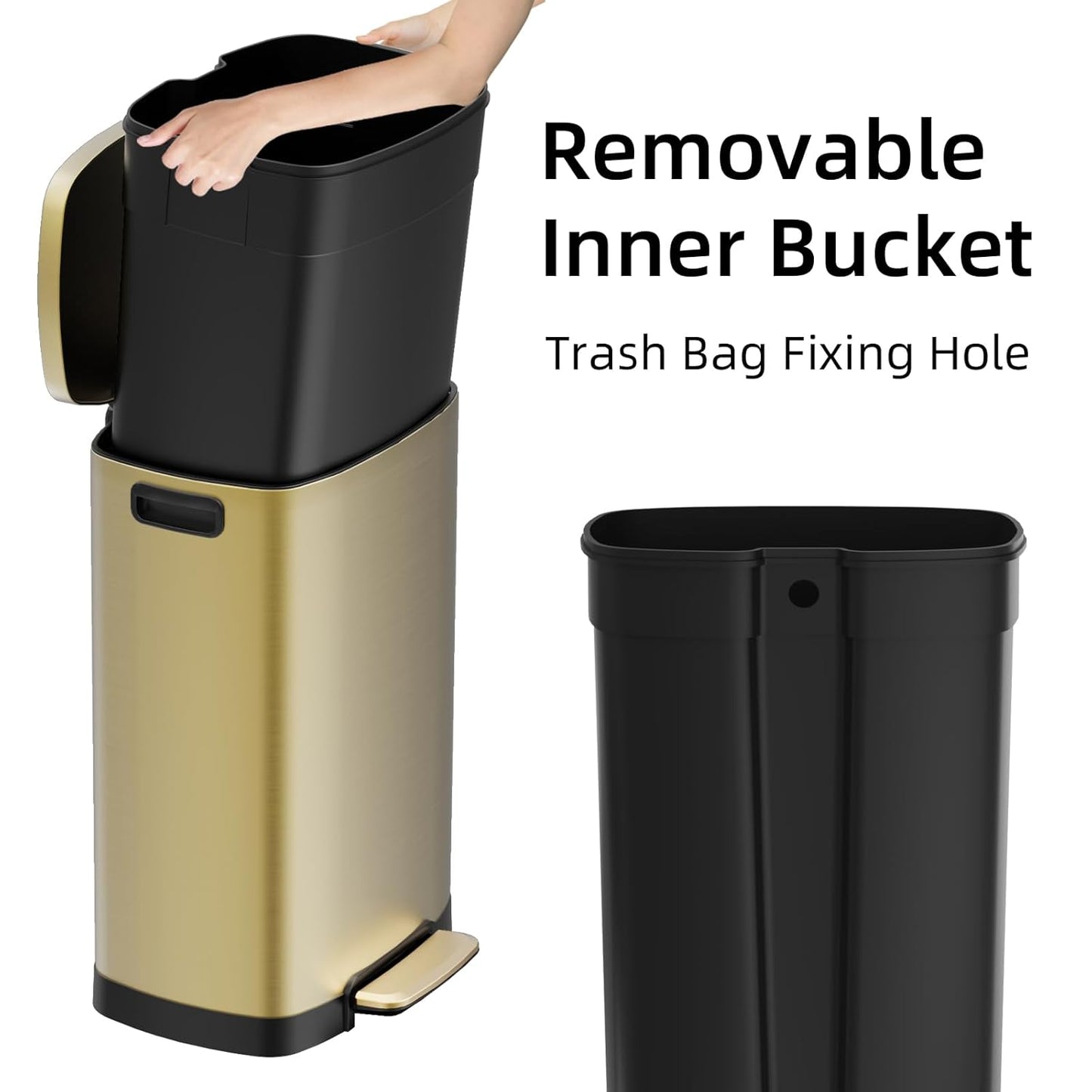 KUK 13 Gallon/50L Stainless Steel Kitchen Trash Can with Lid and Step Pedal-Large Capacity Garbage Bin with Odor Seal, Silent Close Lid, Removable Inner Bucket, Titanium Gold