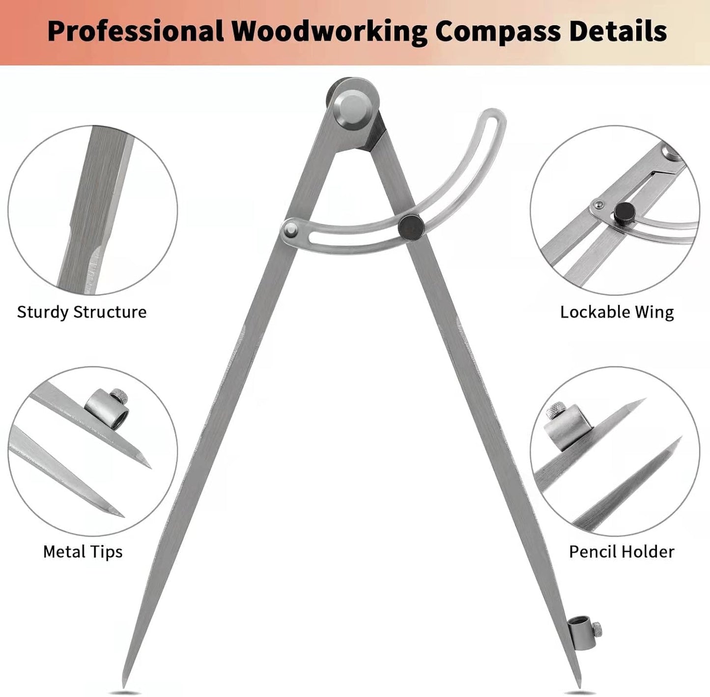 16 inch Compass for Geometry, Compass for Woodworking, Precision Woodworking Compass with Wing Divider and Pencil Holder, Large Compass for Geometry, Woodworking Compass, Drafting, Drawing Compass