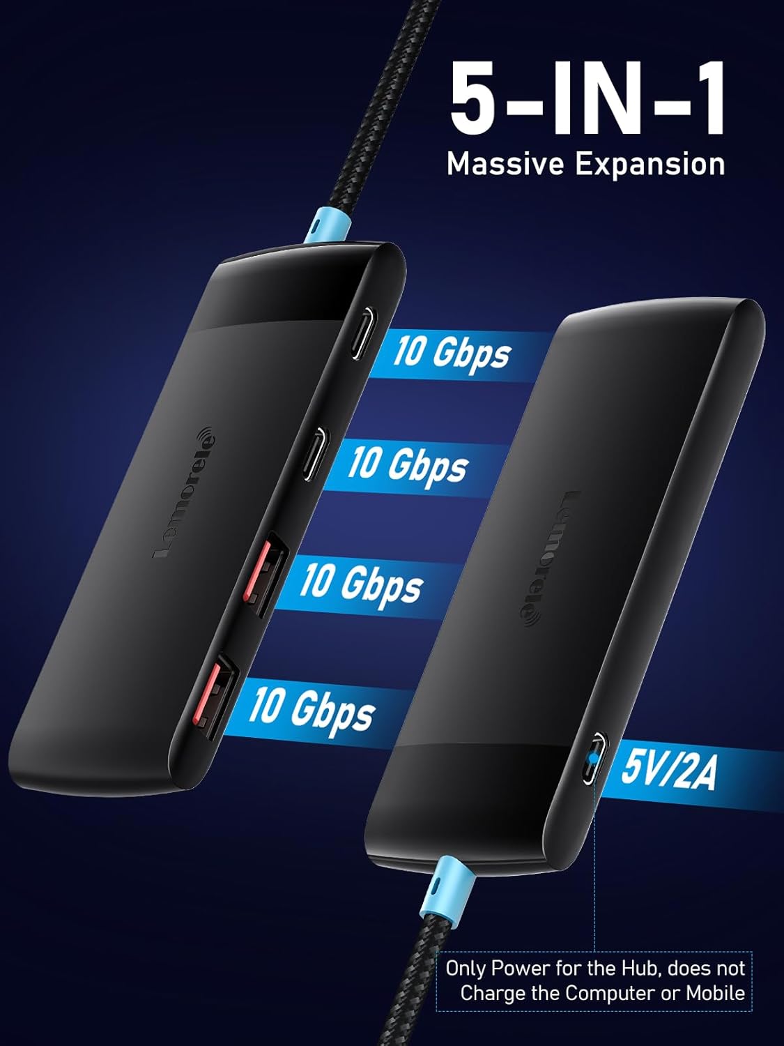 USB C Hub with 10Gbps 2 USB3.2 & 2 USB C 3.2, Charging Port, USB Port Extender for MacBook Pro/Air, Acer Aspire, HP Dell Laptops, iPad Pro, iPhone 15/15 Pro Max, etc., 1.97ft Cable