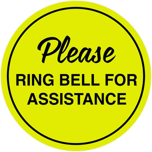 Signs ByLITA Circle Please Ring Bell For Assistance Wall or Door Sign | Easy Installation | Front Desk Reception Sign (Yellow/Black) - Small (5 Pack)