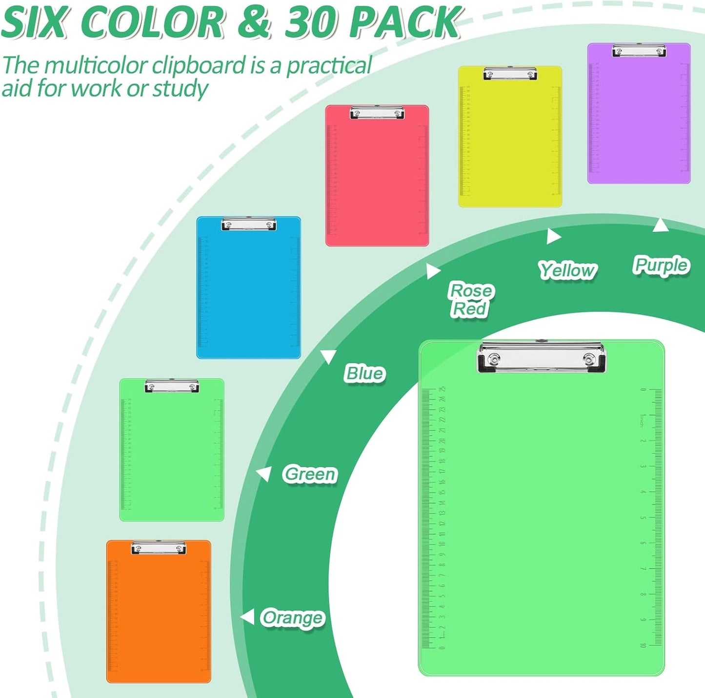 Plastic Clipboards, PANDRI 30 Pack Clear Colored Clipboards, Low Profile Clip Board 12.5 x 9 Inch Standard Letter Size, Office Supplies Classroom