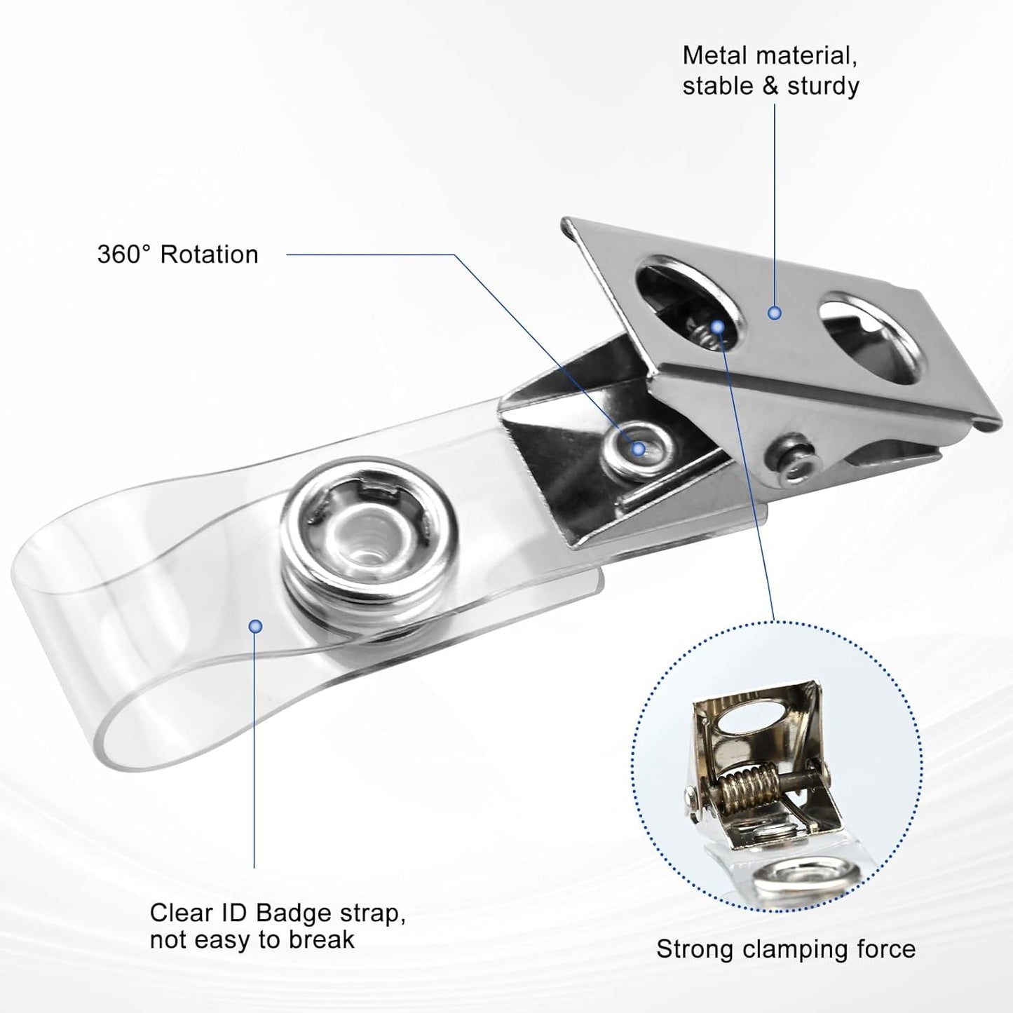 100Pcs Premium Metal Badge Clips with Clear PVC Straps for ID Cards, Badge Holders, Name Tags, Work Badges