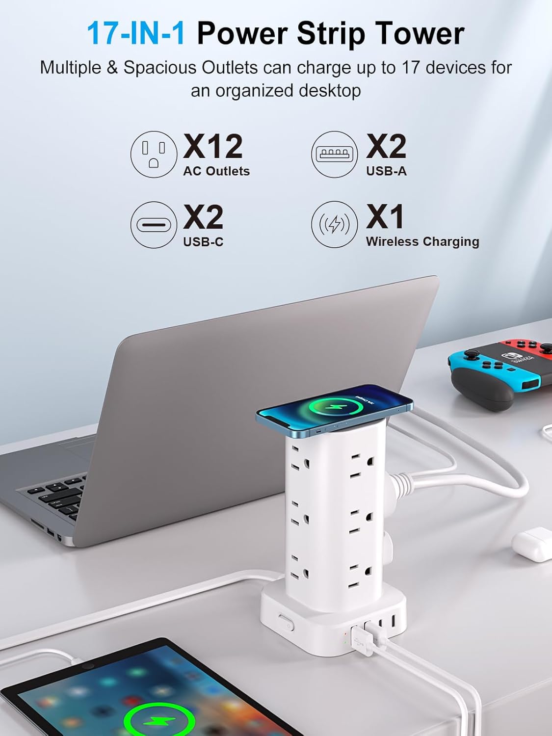 Power Strip with Wireless Charger, Flat Plug Surge Protector with 10FT Extension Cord, 12 AC Multiple Outlets, 4 USB (2 USB C), 15W Wireless Charging Power Tower for Home Office Dorm, White