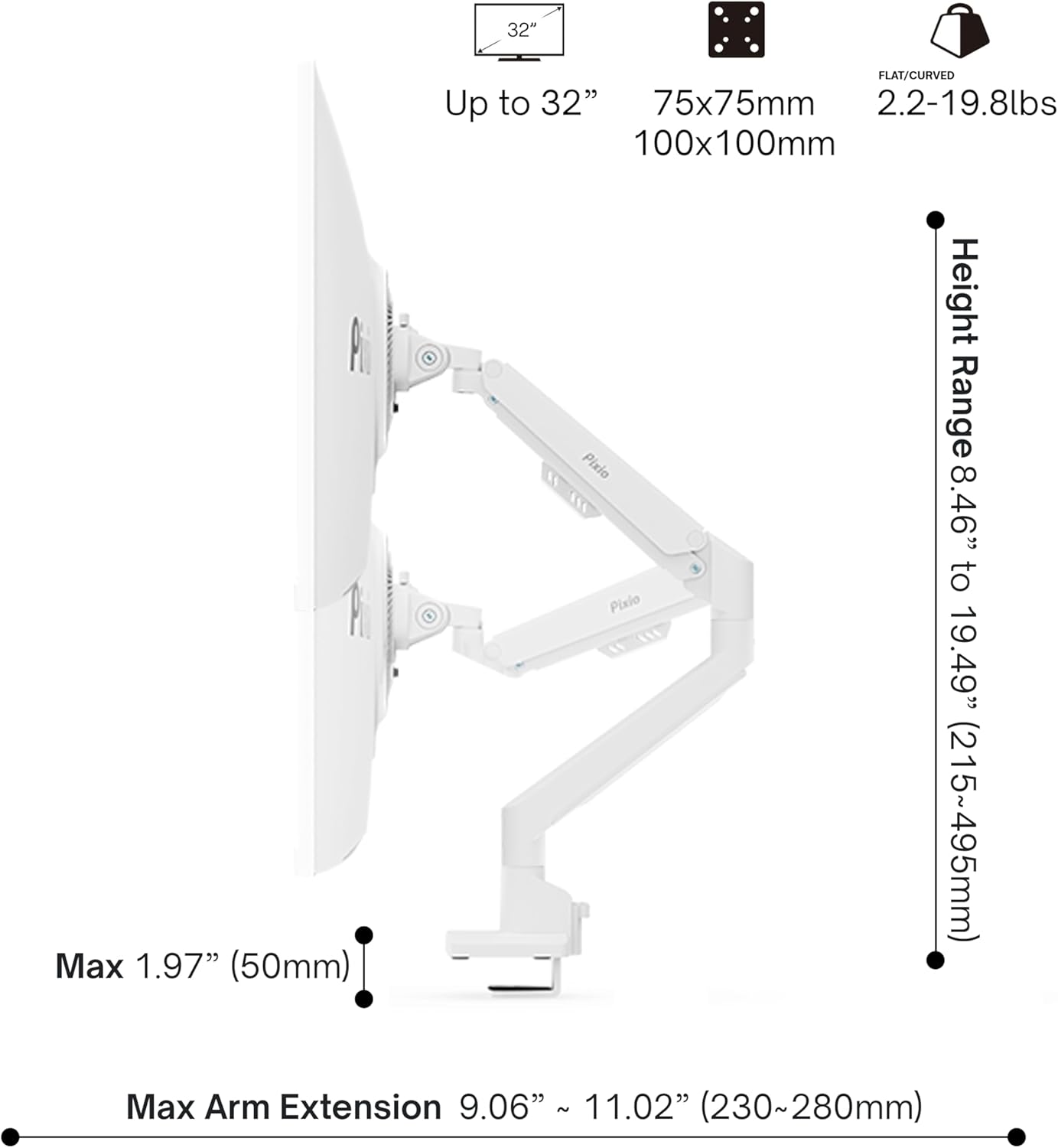 Pixio PS1S Wave White Single Monitor Arm Stand Desk Mount - Fits up to 32 inches Monitors and up to 19.8lbs. VESA Compatibility and Integrated Cable Management