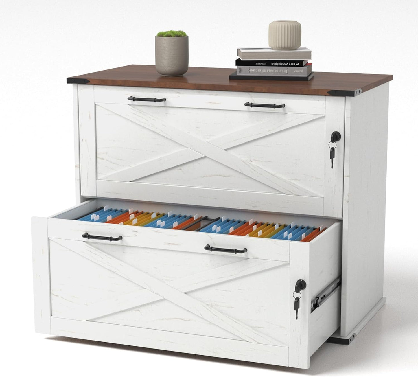 VINGLI 2 Drawer File Cabinet with Lock, Home Office Filing Organizer, for Letter Legal A4 Size File Folder Storage, Modern Farmhouse, Wood Lateral Filing Cabinet, Archivador (Rustic White & Brown)