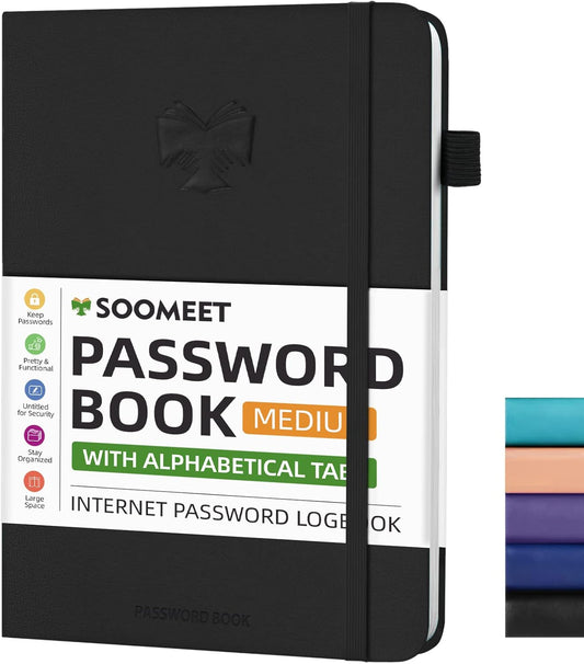 Password Book with Alphabetical Tabs, Hardcover Password Keeper, A5 Size 8.3"x6" Password Notebook for Saving Internet Login, Username, Password Organizer for Computer & Website Logins(Black)