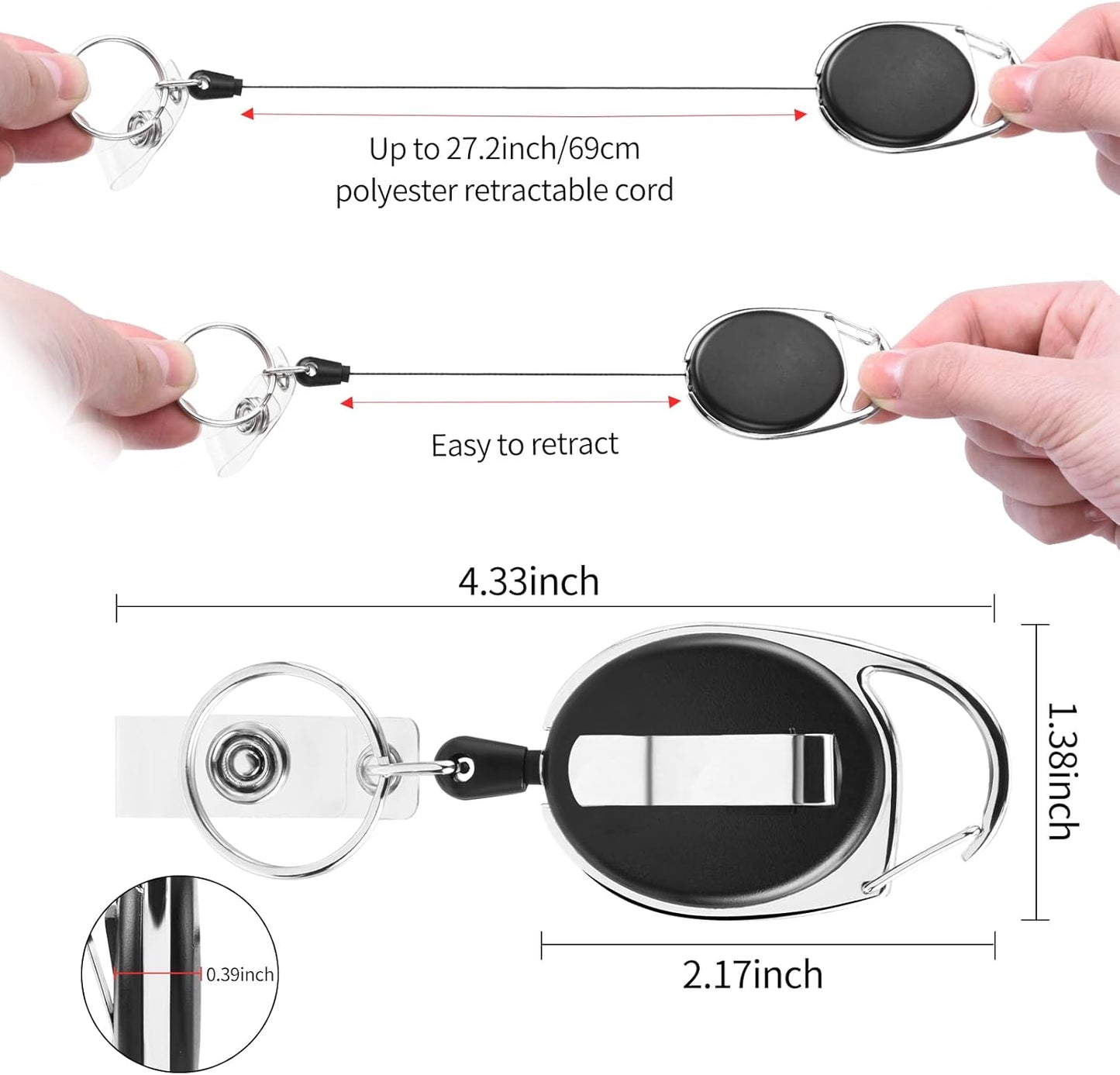 10 Pack ID Badge Holder, Badge Holder Retractable Clip with Carabiner Reel Clip and Key Ring for Men and Women
