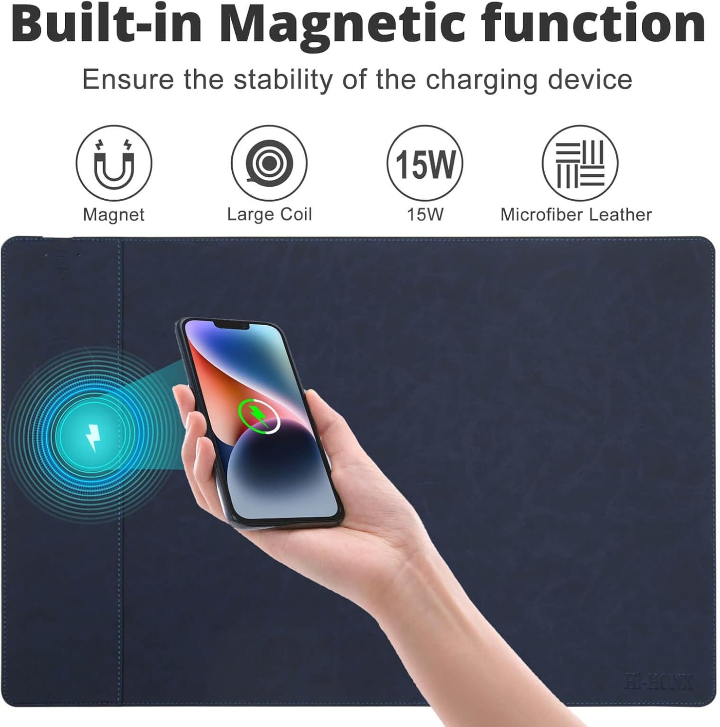 Magnetic Wireless Charging Desk Mat, 23.4''x15.6'' Large Office Mouse Pad, Microfiber Leather Mouse Mat with Ultra-Smooth Surface, Waterproof Computer Keyboard Desk Mat for Office & Home, Laptop, Blue