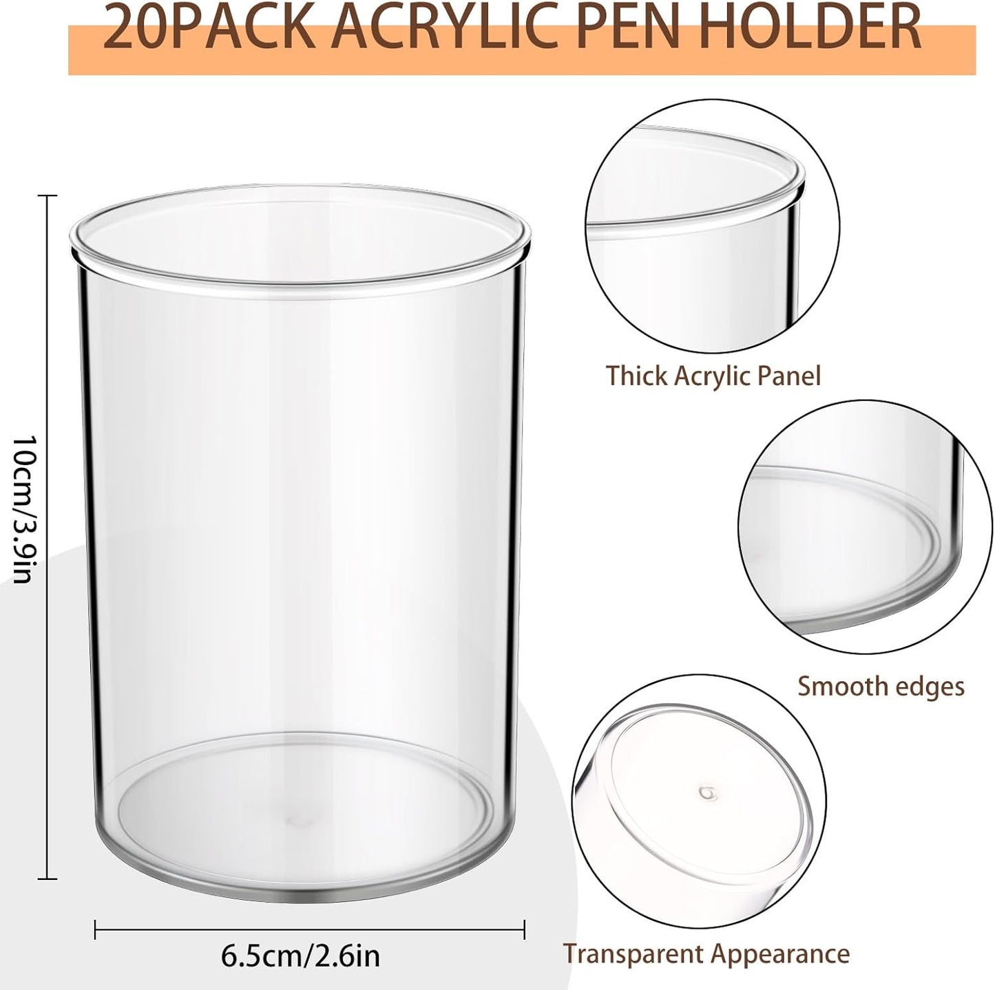Crtiin 20 Pack Clear Acrylic Pen Holder Makeup Brush Round Pencil Holder for Desk Pen Cups Desk Organizers and Storage Desktop Stationery Organizer for Office School Home Supplies