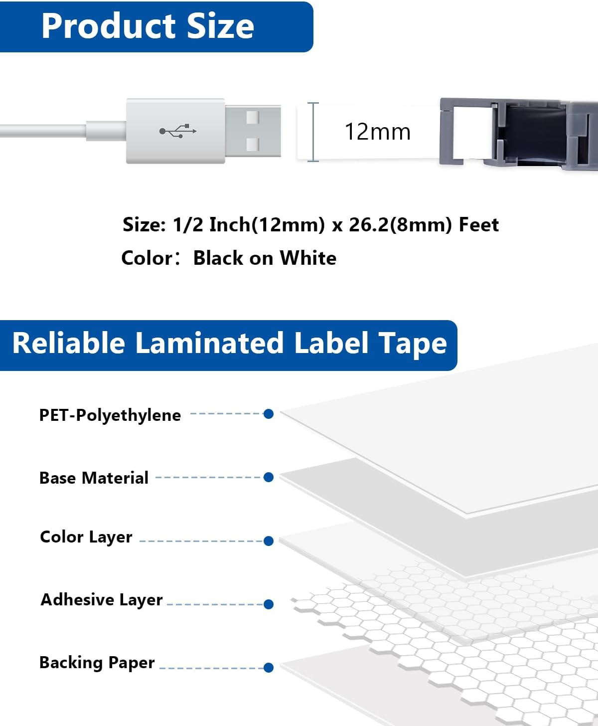 TZe TZ Tape 12mm 0.47 Inch Label Maker Tape Laminated White Compatible for TZe 12mm Tape Refills for P Touch PT-H110 D210 D220 D400 D600 (Black on White, 5-Pack)