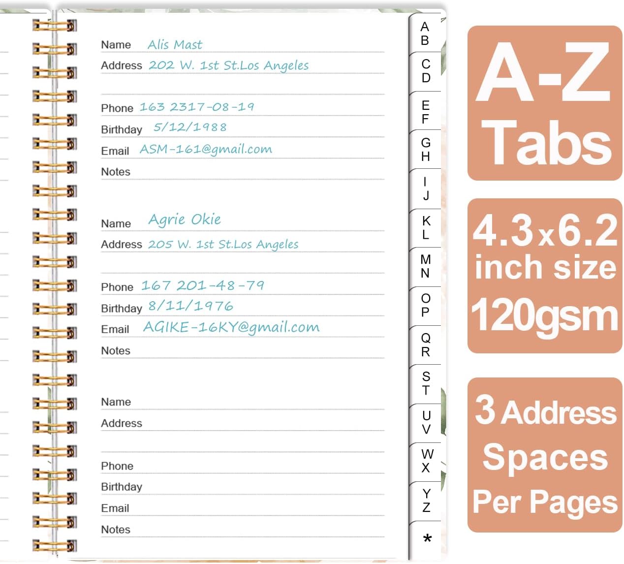 Address Book with Alphabetical Tabs - Small Address Book Spiral with Address Contacts, Special Date, Phone, Birthday & Internet Login Password for Home and Office, 4.3" x 6.2", Rose Leaf