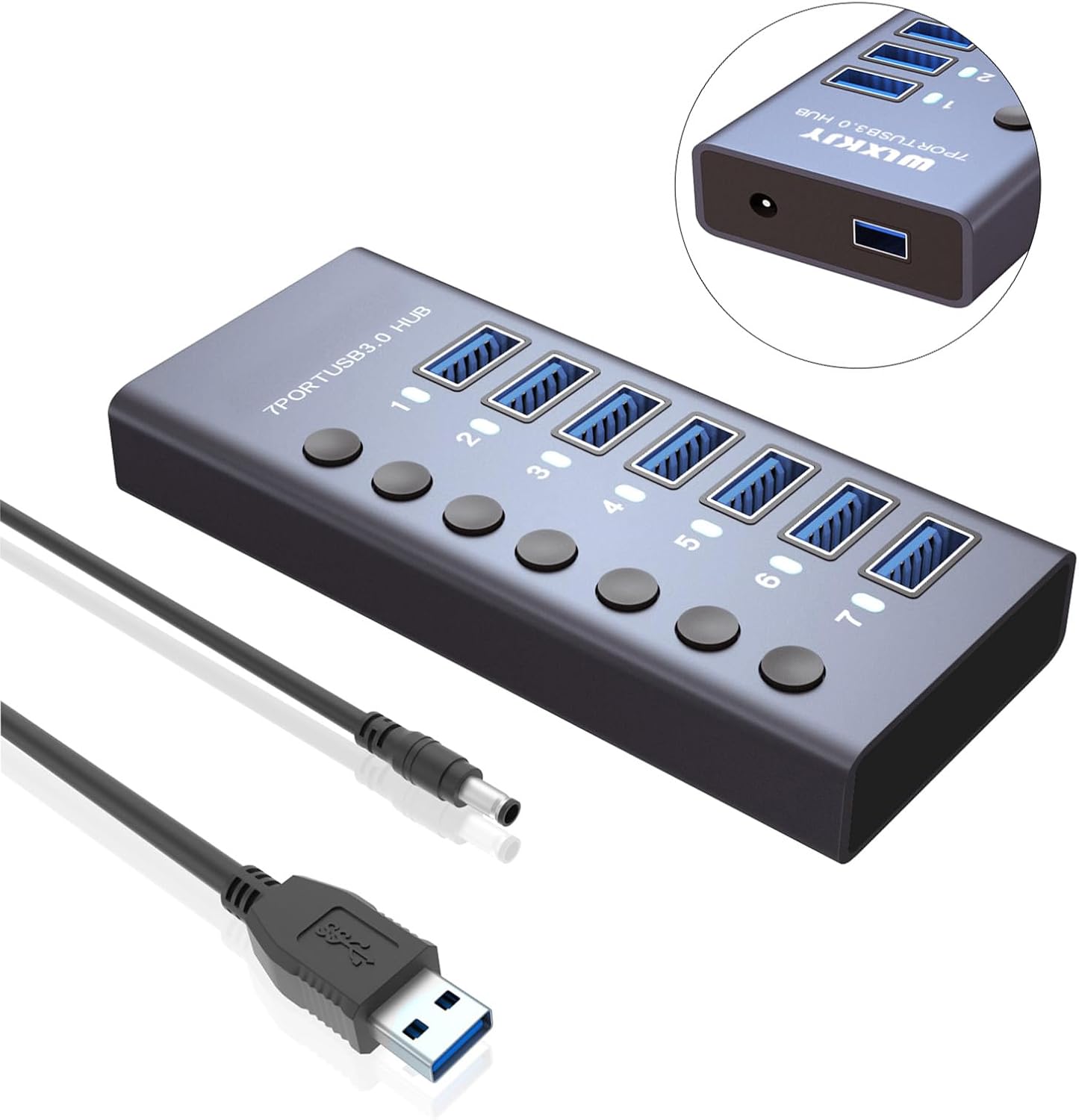 MaxLax 7 Port Aluminum USB 3.0 hub with 7 Port USB Data Transfer,36W (12V/3A) Power Adapter USB Splitter Independent Switch