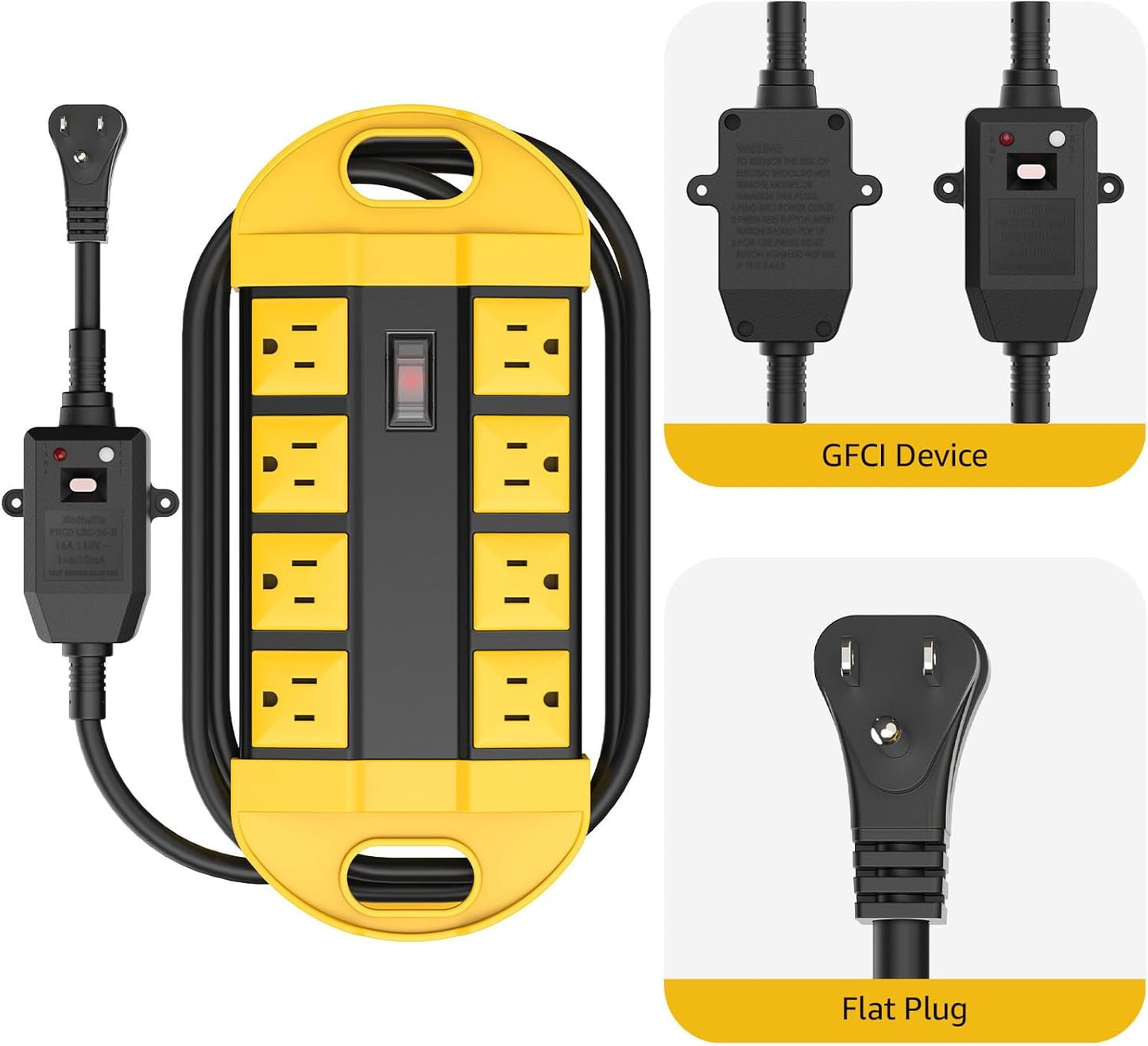 CCCEI GFCI Outdoor Power Strip Weatherproof with 8 AC, Waterproof Extension Cord with Multiple Outlets, Wall Mount Surge Protector Flat Plug, Christmas Exterior Garden, Yard, 6FT, Yellow.