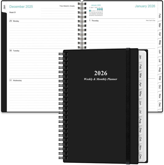 Planner 2026 - A5 Weekly & Monthly Planner Spiral Bound, January 2026 - December 2026, with Flexible Cover, Tabs, Inner Pocket, 6.4" x 8.5", Black