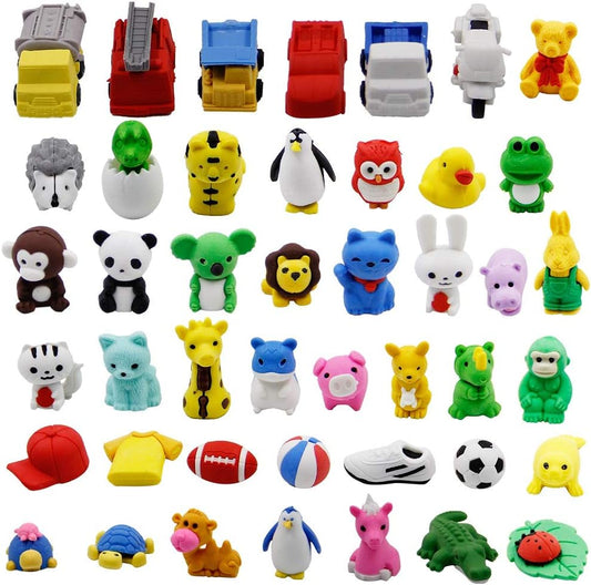 72 Pcs Assorted Animal Pencil Erasers Desk Pets, Bulk Mini Pencil Erasers Gifts for Classroom Prizes Reward Goodie Bag Easter Egg Fillers Party Favors (Animal and Car)