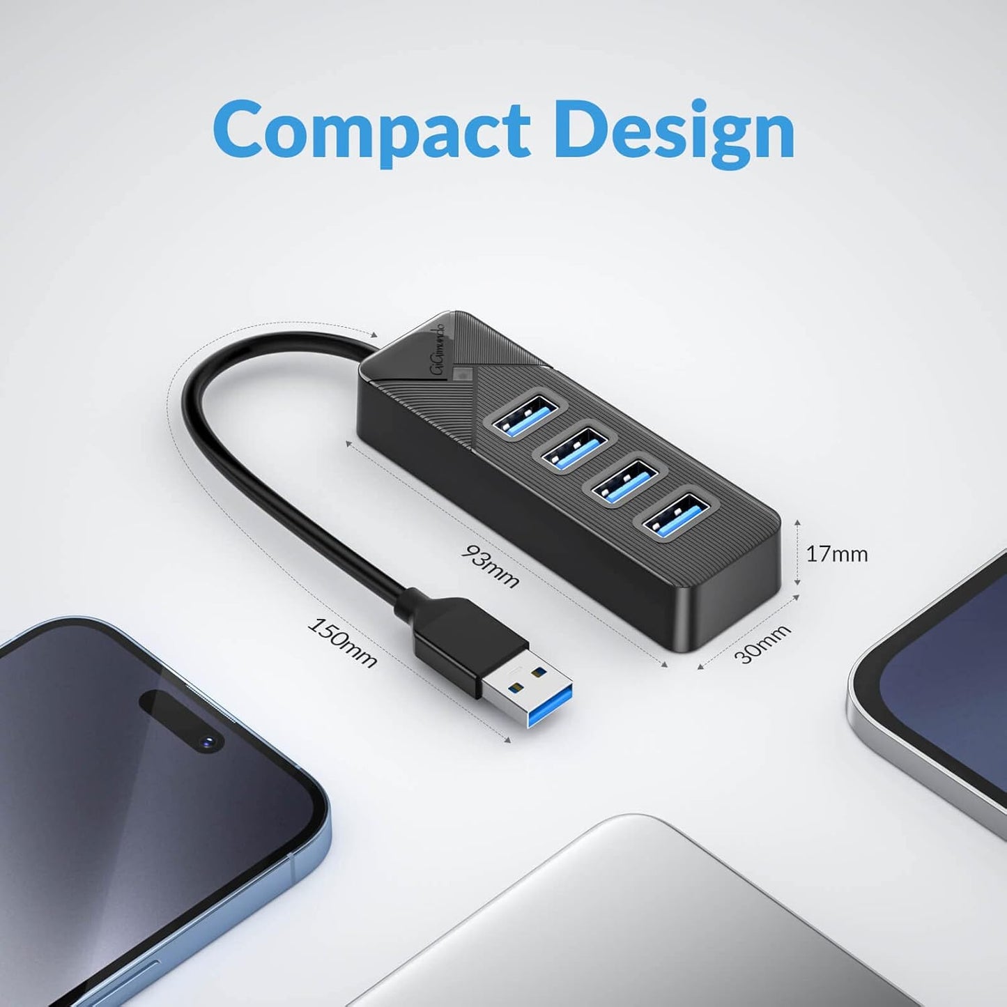 PG4U-U3 4-Port USB 3.0 Hub - 0.15M Cable, 5Gbps High-Speed Data Transfer, Multi USB Port Expander for Windows/Mac/Linux, USB Splitter for PC, Laptop, Mac/MacBook Air/Pro - Black