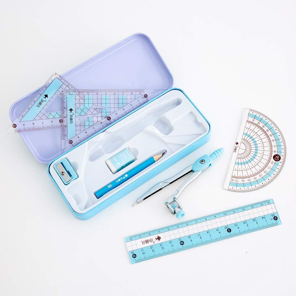 8 Pcs Compass/Math Set for Students with Shatterproof Storage Box, Geometry Set for School, Includes Ruler, Protractor, Compass, Pencil,Pencil Sharpener and Eraser,etc. Perfect Gift