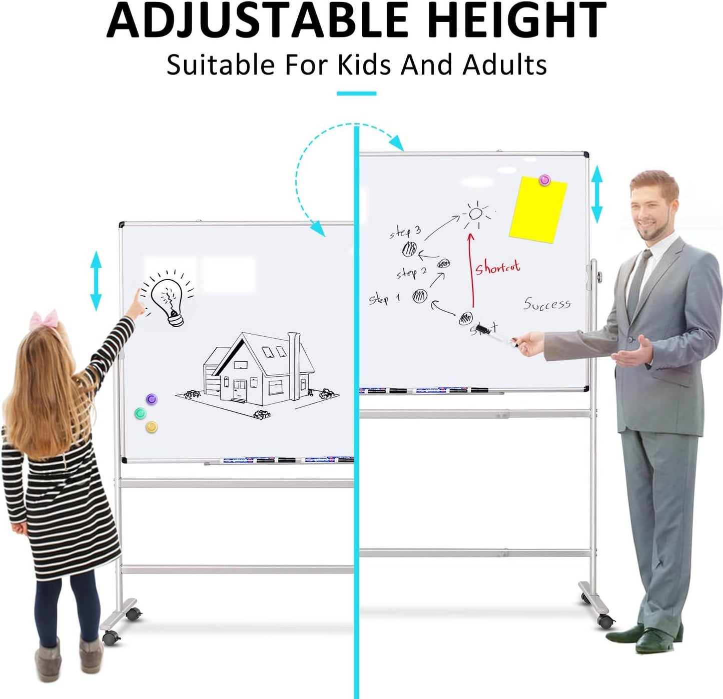 Rolling White Board 36x24 in, Dry Erase Board with Stand, Double-Sided Magnetic Mobile Whiteboard, Height-Adjustable for Office Classroom and Home
