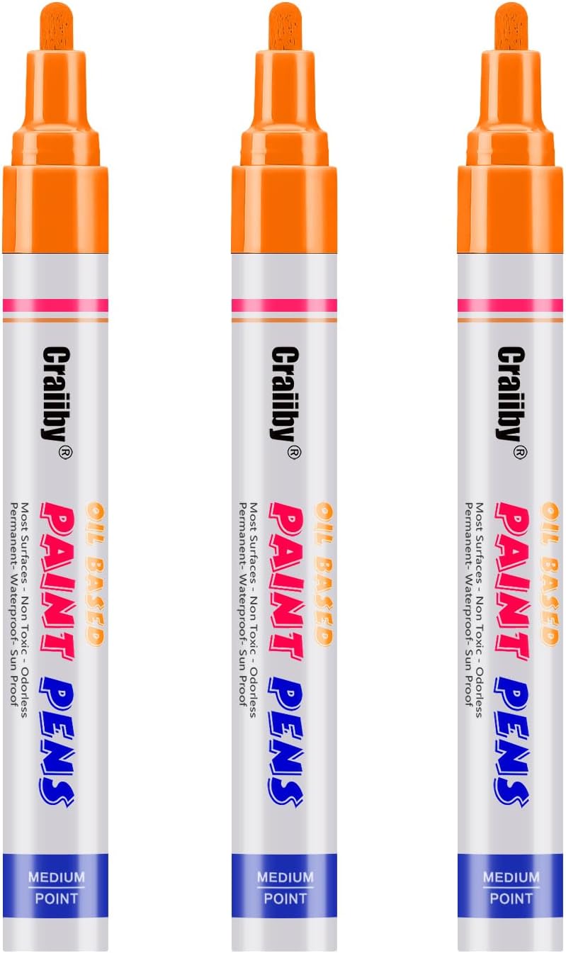 Orange Paint Markers, 3 Pack Oil-Based Waterproof Quick Dry Permanent Paint Pen Set for Rocks Painting, Wood, Fabric, Plastic, Canvas, Glass, Mugs, Metal, Tire, Stone, DIY Craft