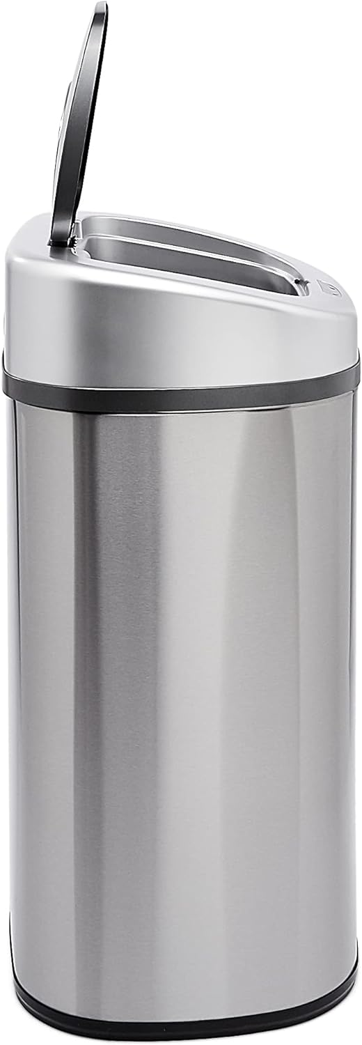 Amazon Basics Automatic Trash Can with Lid, Hands-Free, Stainless Steel, D-Shaped 80 l, 2 Bins