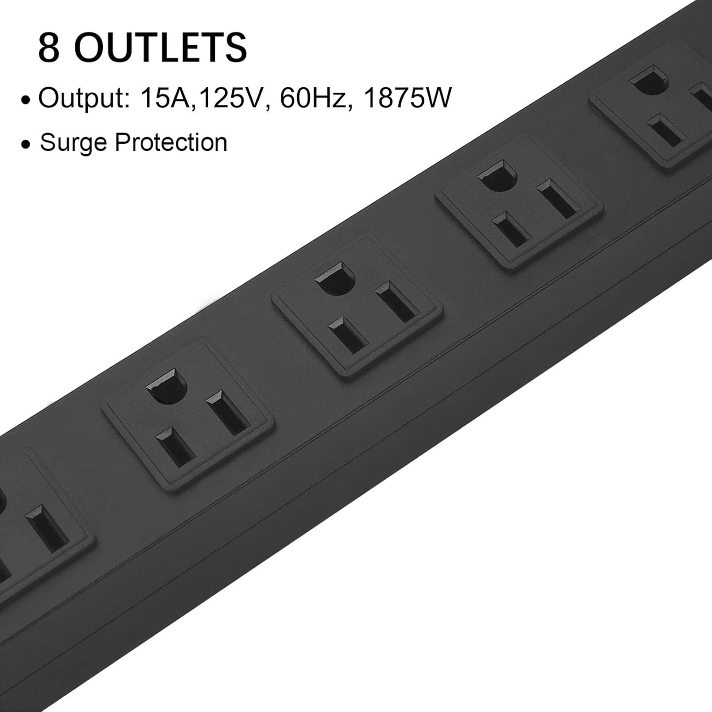 Metal 8 Outlet Mountable Power Strip, Wall Mount Outlet Heavy Duty, Wide Spaced Commercial Shop Power Strip with Switch, 15A 125V 1875W, 6 FT SJT 14AWG Power Cord (12FT)