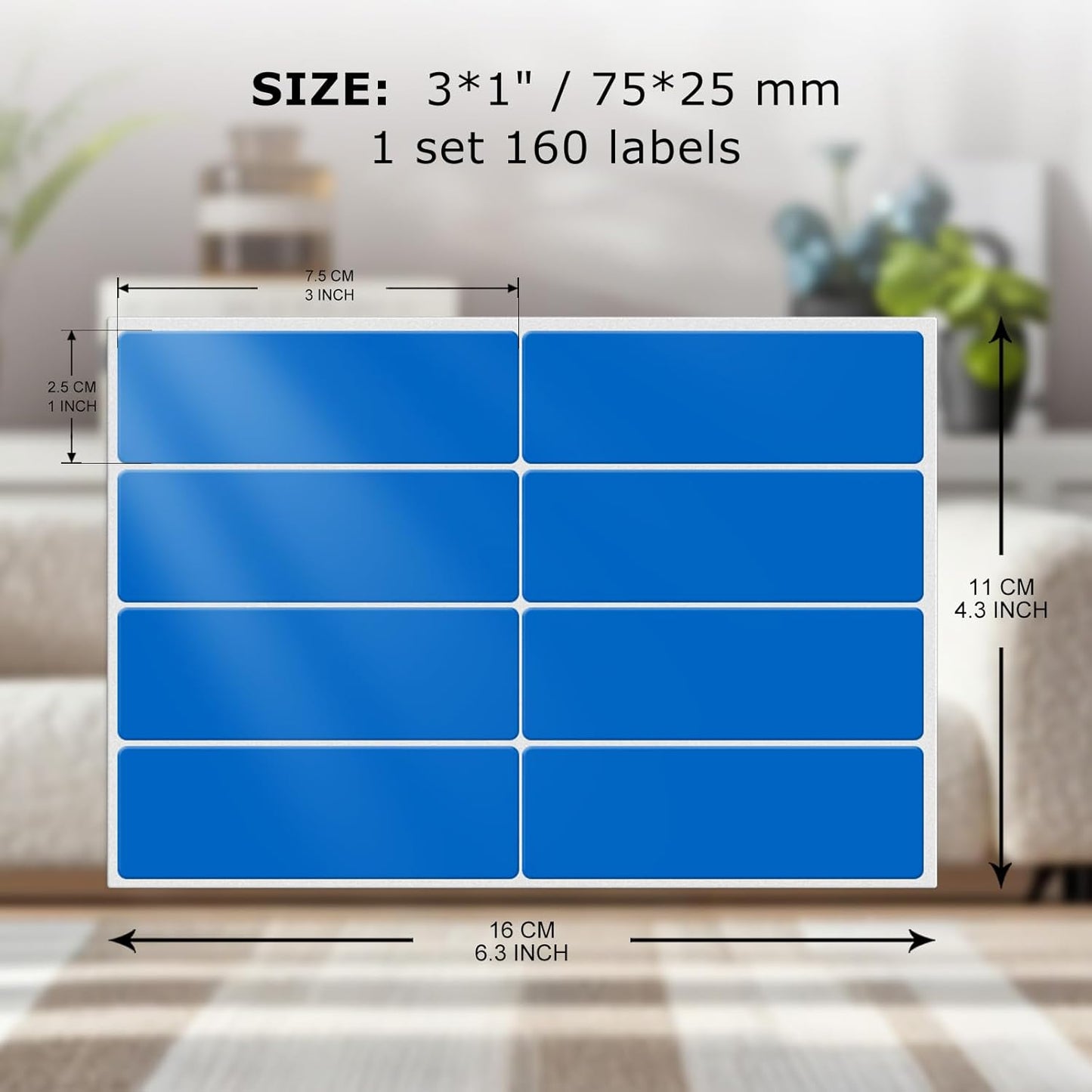 Rectangle Label Stickers 3×1 Inch Vinyl Removable Blue Sticker Waterproof Writable File Folder Moving Labels for Boxes Home Office Labeling 160 PCS