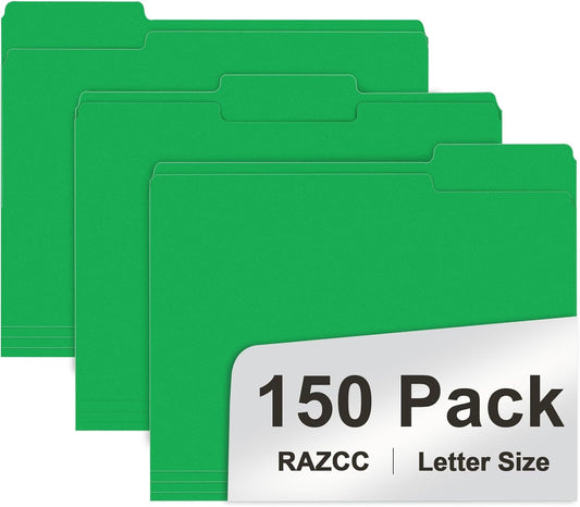 File Folder, RAZCC 150 Pack 1/3 Cut Tab File Folders Letter Size, Creen, Colored Folders with Tab Great for Organizing and Easy File Storage