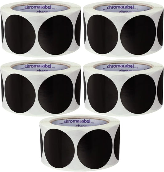 ChromaLabel 2 Inch Circle Sticker Labels, Easy to Write On Round Colored Stickers, Permanent Adhesive Labels - 500 Sticky Dots per Roll, Black Dot Stickers - Case of 5