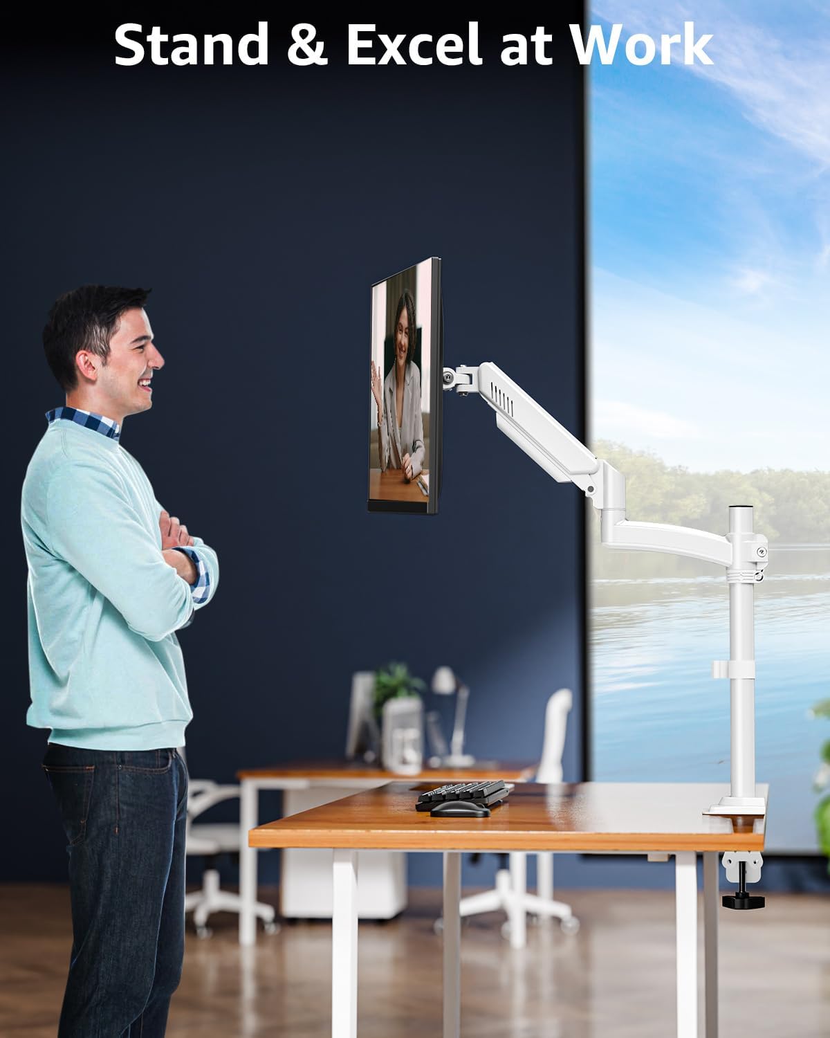 Single Monitor Arm Holds 4.4-22lbs, Monitor Stand for Desk, Height Adjustable Monitors Mount for 32 27 24 22inch, Full-Motion Monitors Desk Mount with C-Clamp＆Grommet Base, Freelift White