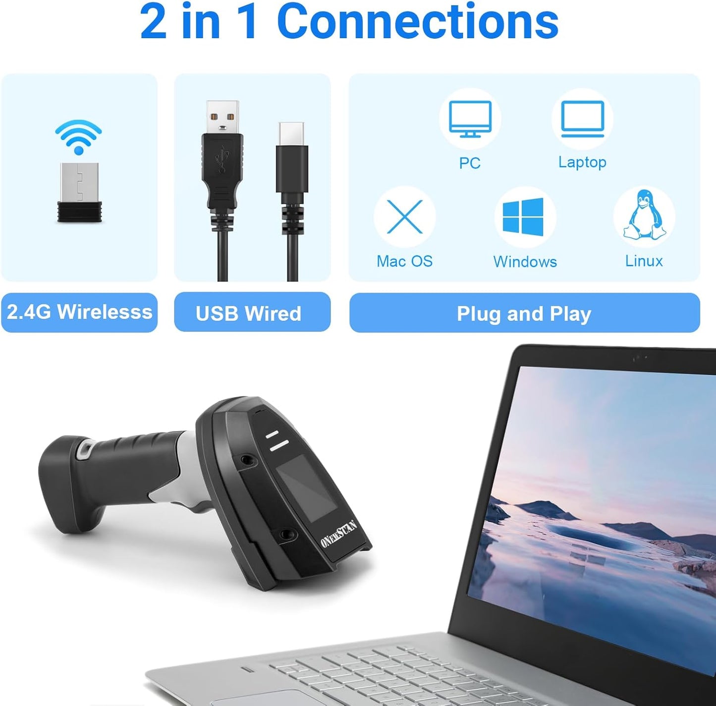 Barcode Scanner Wireless, 1D Laser Bar Code Scanners with Stand 2.4G Wireless & USB Wired Connection Plug and Play 2 in 1 Handheld Barcode Reader with Screen