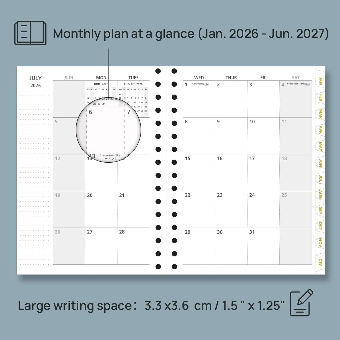 POPRUN Monthly Planner 2026-2027 Spiral Hardcover (6.25'' x 8.5''), 18 Months Calendar (Jan.2026-Jun.2027) - 2 Pages per Month with Dotted Note Pages, Sunday Start, Laminated Tab - Light Yellow