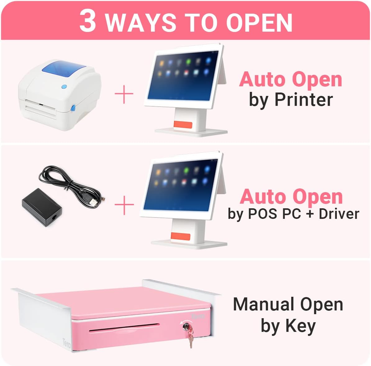 Tera 16" Auto Open Cash Register Drawer with Universal Under Counter Mounting Metal Brackets (Round Corner) Heavy Duty Insert Tray 5 Bill 8 Coin Removable Cash Tray for POS Small Businesses Store 405R