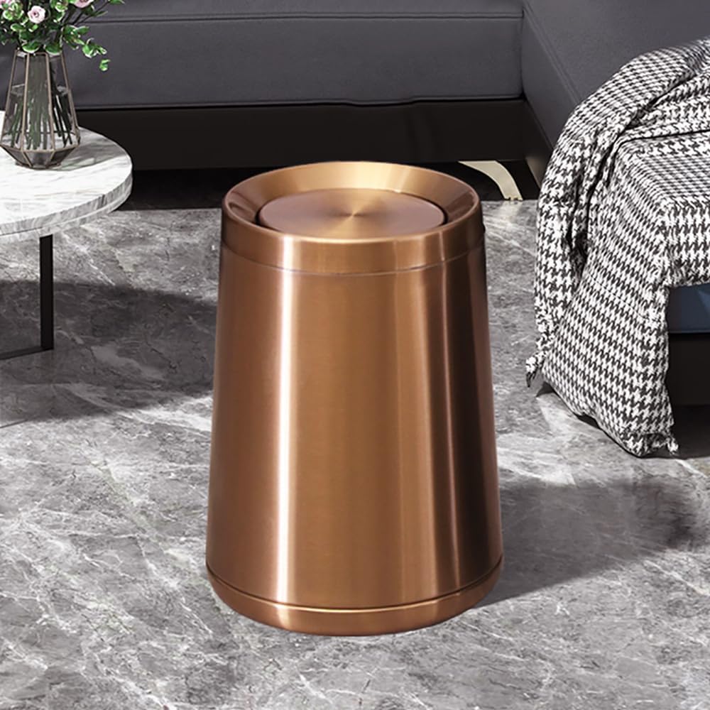 10 L/2.6Gallen,Swing Lid Gold Brass Trash Can,Brushed Nickel Garbage Can Bathroom with Flipping Lid,for Bathroom, Living Room,Bedroom,Hotel (Rose Gold)