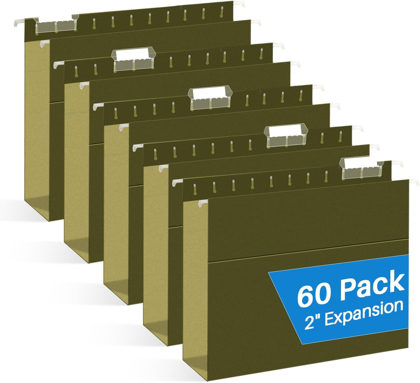 Extra Capacity Hanging File Folders, RAZCC 60 Pack Letter Size Reinforced Hanging Folders with Heavy Duty 2 Inch Expansion for Bulky Files, Filing Cabinet, Adjustable Tabs, Green