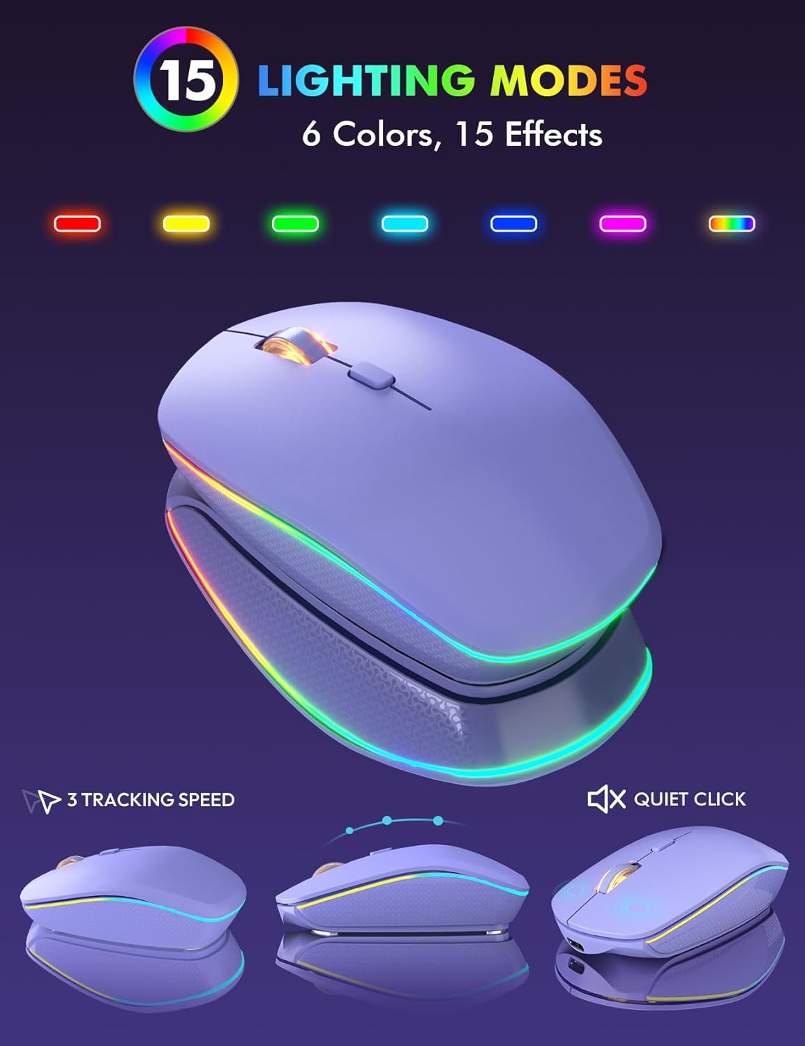 Wireless Keyboard and Mouse Combo, RGB Backlit, Rechargeable & Light Up Letters, Full-Size, Ergonomic Tilt Angle, Sleep Mode, 2.4GHz Quiet Keyboard Mouse for Mac, Windows, Laptop, PC, Trueque(Purple)