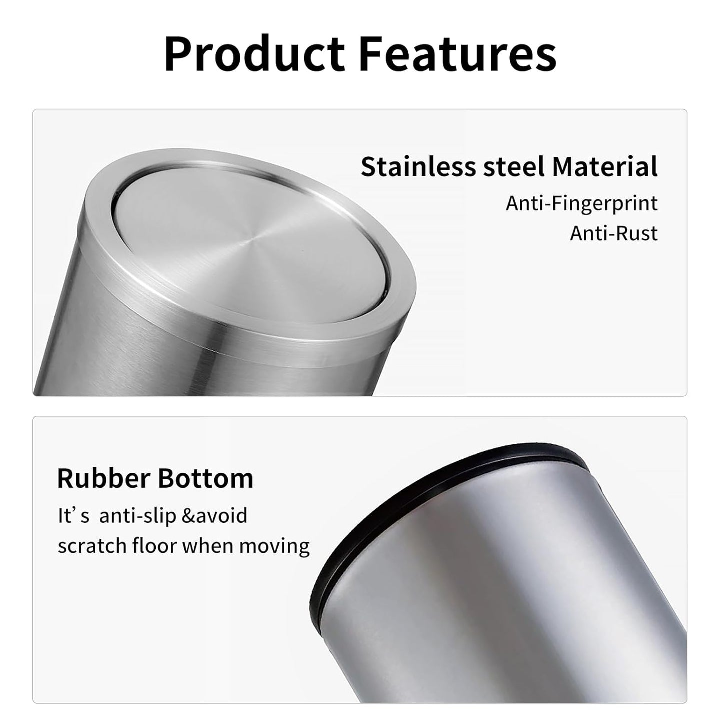 Brushed Gold Bathroom Trash Can with Swing Lid 4.7Gallon,Stainess Steel Garbage Can Trash Bin Wastebaskets for Kitchen,Office,Bedroom (Silver, 4.7 Gallon)