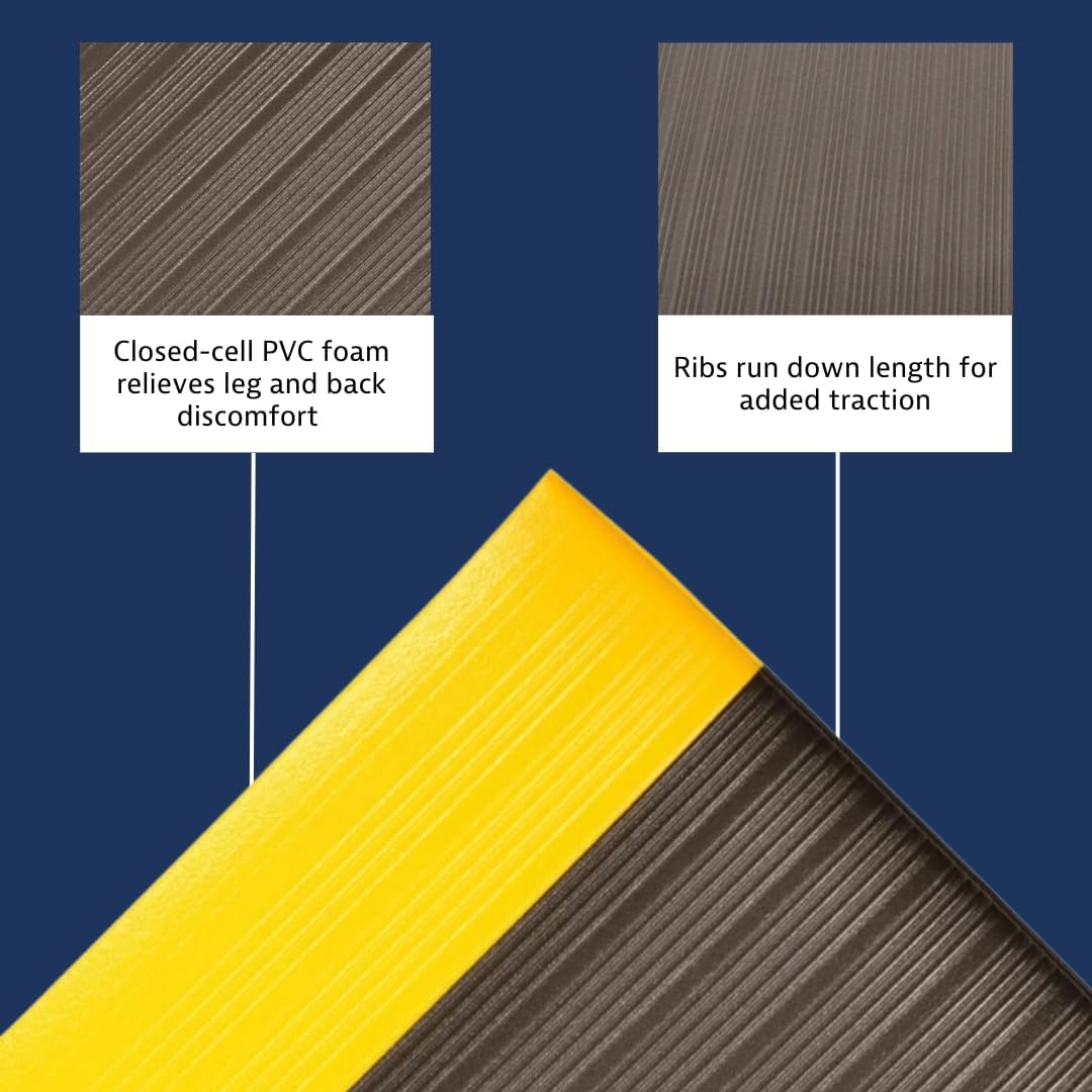 Notrax 410 Airug® 4' x 60' x 3/8" Anti Fatigue Mat, Enhanced Slip Resistance with Beveled Edges and Ribbed Surface, Ideal for Industrial and Commercial Workplaces, Black/Yellow, 410R0348BY