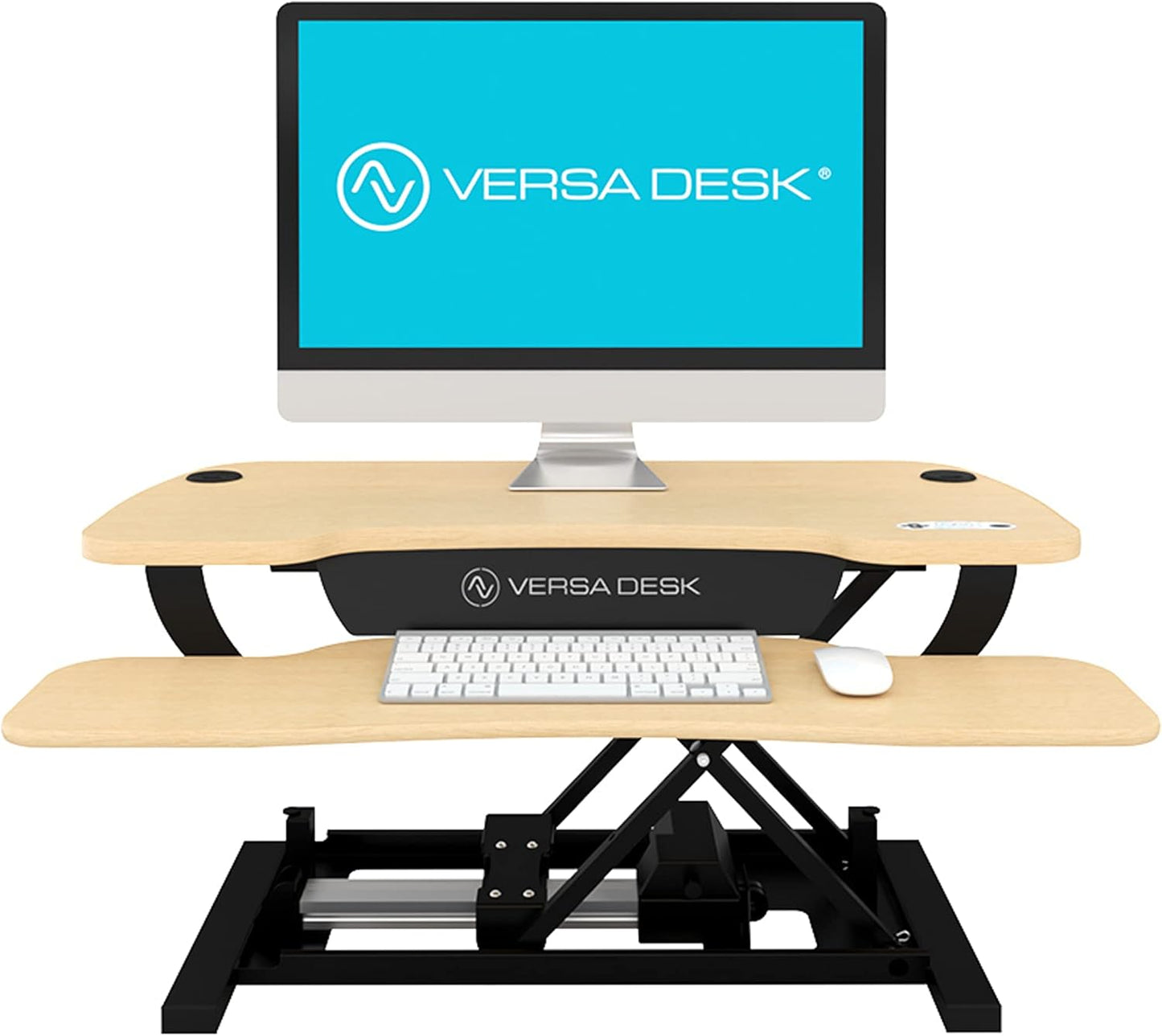 VERSADESK® PowerPro™ Elite 40” x 24" – App Controlled Wide Electric Standing Desk Converter w/USB Charging Port. Raises up to 20”. Fully Assembled – Includes LED Lights. Supports 80 lbs. – Maple