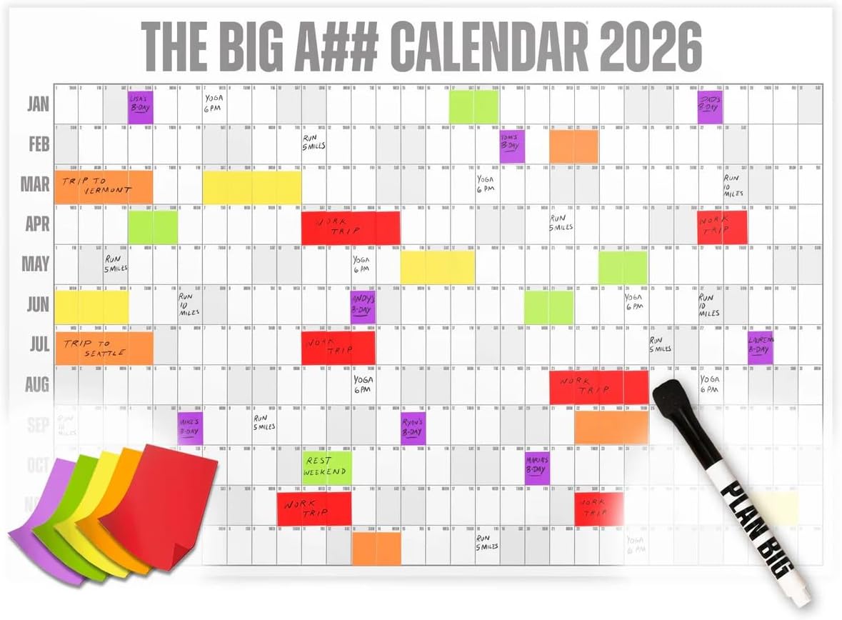 The Big A Calendar Yearly Wall Planner – January to December Dry-Erase Board – Includes 1 Marker & 100 Labels – Lightweight, Easy to Hang Yearly Planner – Plan Goals & Adventures – Gray, 4’x3’