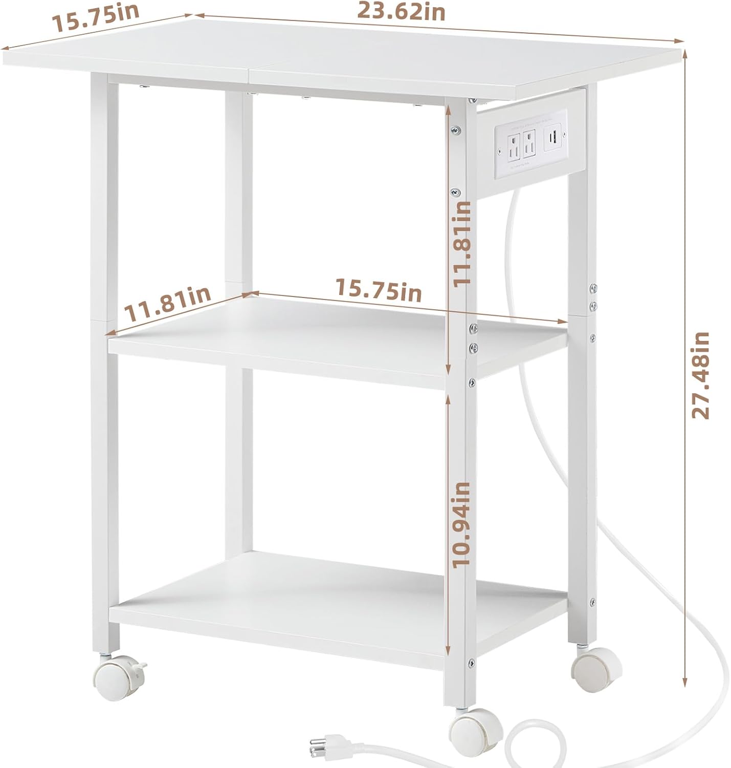 Lerliuo 3-Tier Printer Stand with Charging Station, Industrial Mobile Printer Table with Storage Shelf and Steel Frame, Rolling Printer Cart Holder with Lockable Wheels for Home, Office (White)