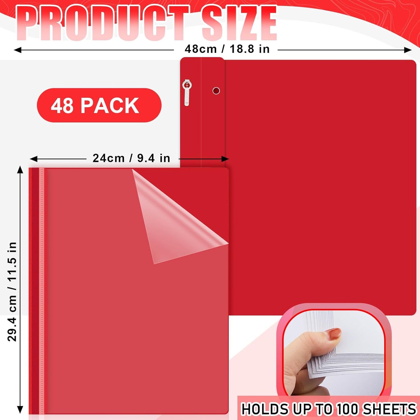 Teling 48 Pcs Clear Front Report Covers with Prongs Plastic Presentation Folders 3 Prong Resume Portfolio Folder for School(Red)