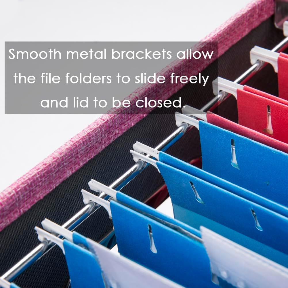 PRANDOM File Organizer Box - Set of 4 Collapsible Decorative Linen Filing Storage Hanging File Folders with Lids Office Cabinet Letter Size Pink (14x9.3x10.8 inch)