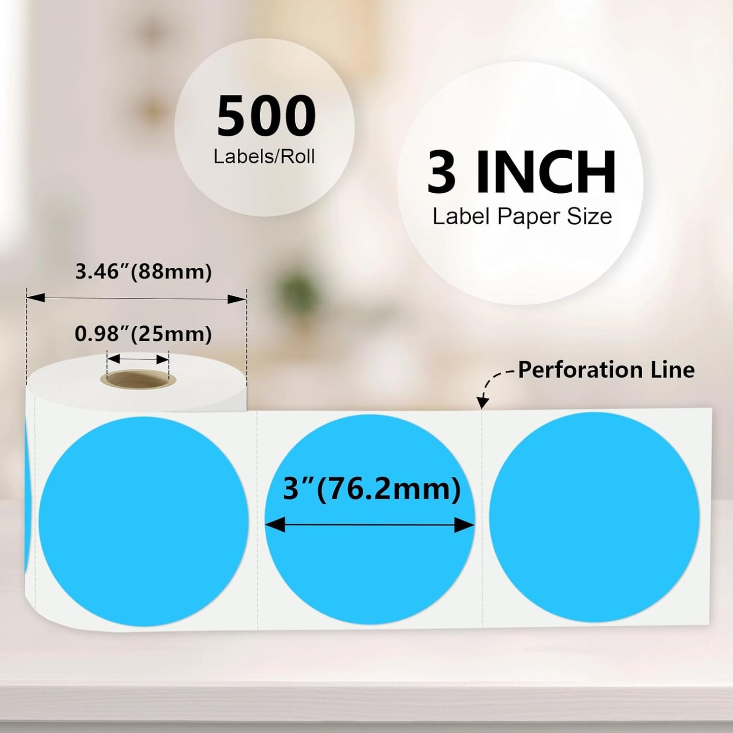 3 X 3 Inch Color Coding Dot Labels Circle Thermal Printable Waterproof 500 Pcs Round Stickers Adhesive Writable for Office, Home, Garage, DIY Sticker, Barcodes, Name Tag, Sky Blue